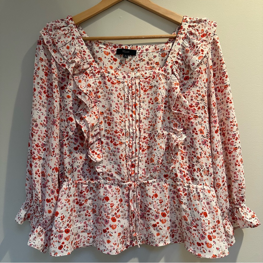 Éclair‎ Ruffle Sleeve Floral Blouse Women’s M | Red & Pink Print Peasant‑Style